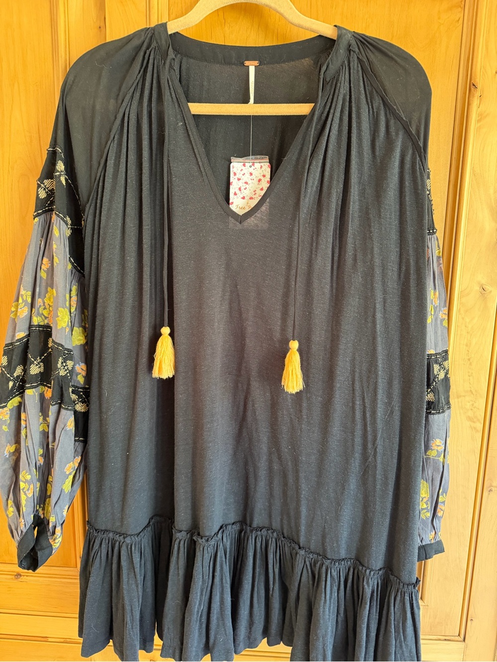 Free People Black Tunic with Yellow Tassels and Floral Bishop Sleeves